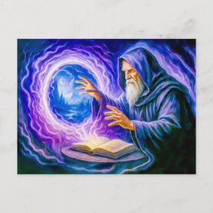 Postal Festiva Mago que abre portal en fantasía pintada al óleo