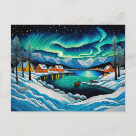 Postal Festiva Majestuosa Aurora Borealis sobre fiordo invernal