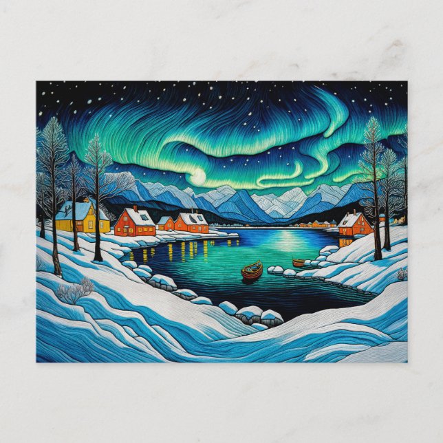 Postal Festiva Majestuosa Aurora Borealis sobre fiordo invernal (Anverso)