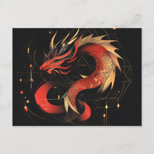 Postal Festiva Majestuoso Arte Dragón Chino Rojo y Oro