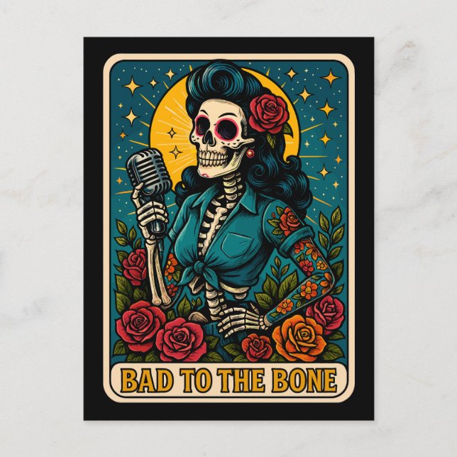 Postal Festiva Mal para el cantante de esqueletos óseo retro (Anverso)