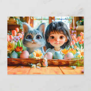Postal Festiva Mañana de Pascua con Tulipanes y Gato