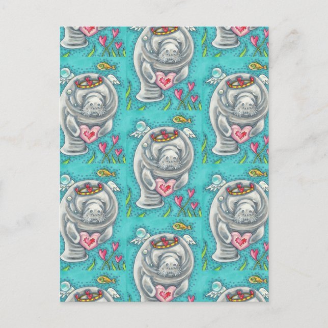 POSTAL FESTIVA MANATEE CUPID, BURBUJAS Y CORAZONES DE VALENTINA C (Anverso)