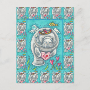 POSTAL FESTIVA MANATEE CUPID, BURBUJAS Y CORAZONES DE VALENTINA C