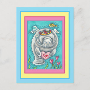 POSTAL FESTIVA MANATEE CUPID, BURBUJAS Y CORAZONES DE VALENTINA C