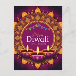 Postal Festiva Mandala color morado de bonito Diya Feliz Diwali