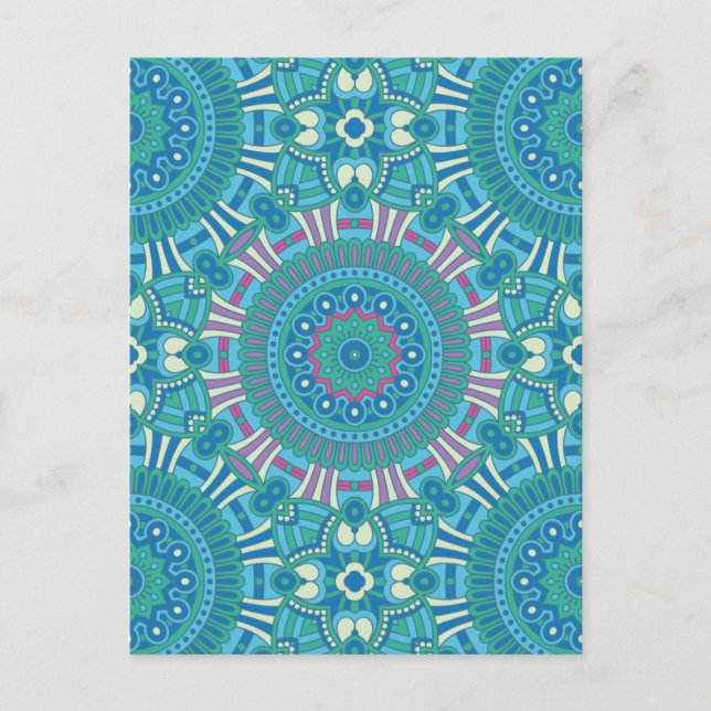 Postal Festiva Mandala geométrica bohemia rusa morada azul (Anverso)