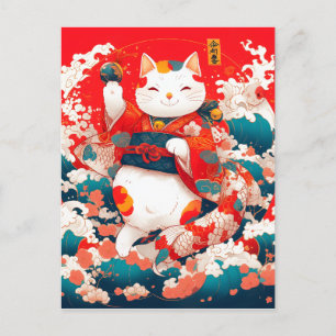 Postal Festiva Maneki-Neko, un gato suertudo japonés