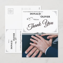 Postal Festiva Manos de una pareja Boda gay con anillos