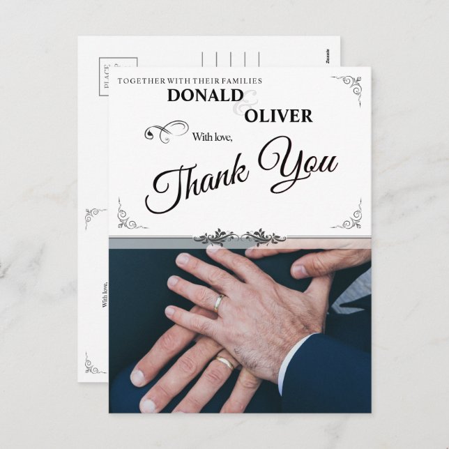 Postal Festiva Manos de una pareja Boda gay con anillos (Anverso / Reverso)