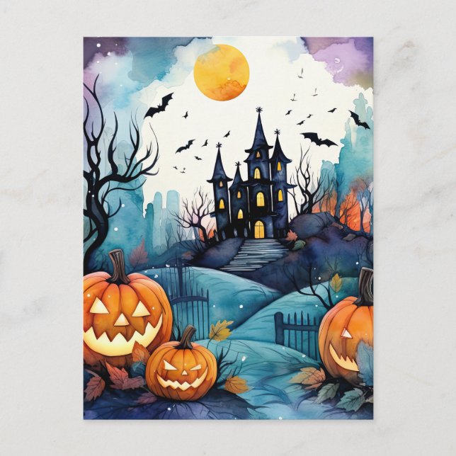 Postal Festiva Mansión Embrujada Jack O’Lantern Murciélagos Hallo (Anverso)