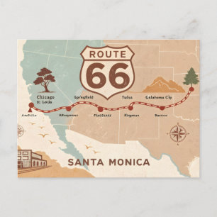 Postal Festiva Mapa Antiguo de la Ruta 66 con Ciudades Históricas