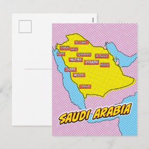 Postal Festiva Mapa de Arabia Saudita ilustrado con arte pop