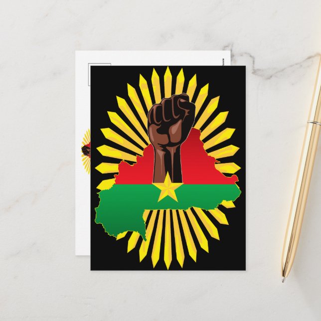 Postal Festiva Mapa de Burkina, bandera y puño de la revolución (Anverso/Reverso In Situ)