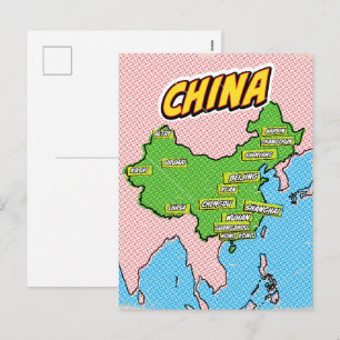 Postal Festiva Mapa de China ilustrado con arte pop