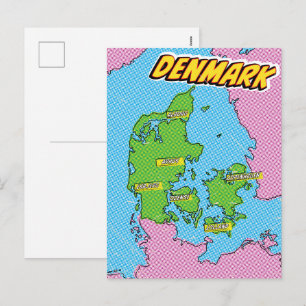 Postal Festiva Mapa de Dinamarca ilustrado con arte pop