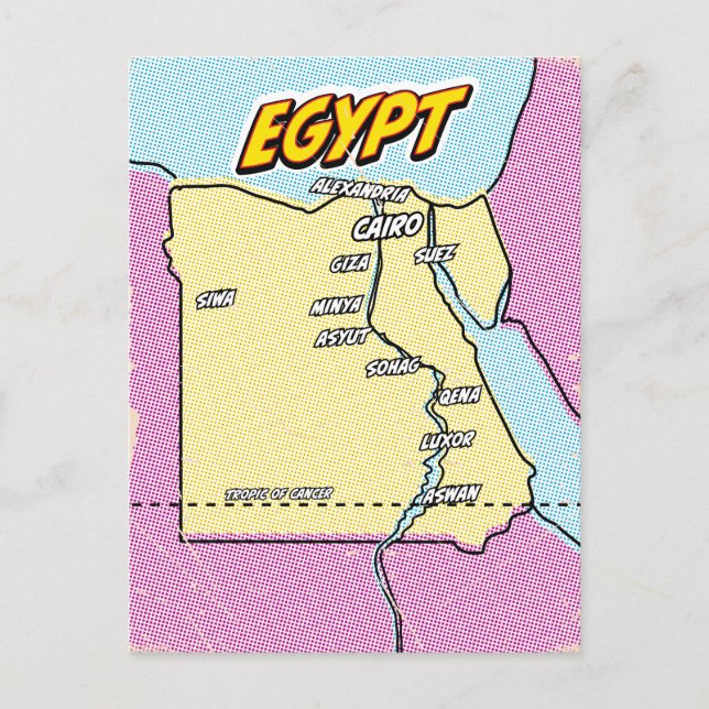 Postal Festiva Mapa de Egipto ilustrado con Pop Art (Anverso)