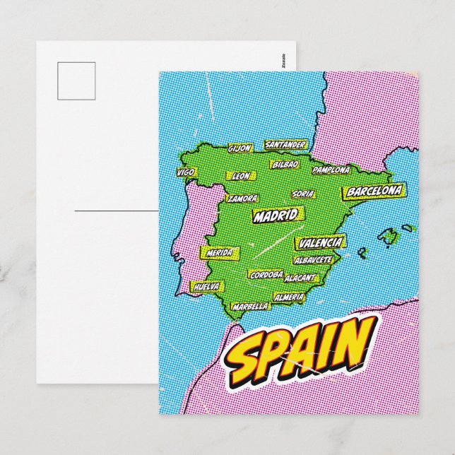 Postal Festiva Mapa de España ilustrado con arte pop (Anverso / Reverso)