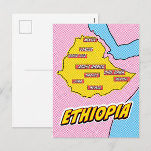 Postal Festiva Mapa de Etiopía ilustrado con arte pop