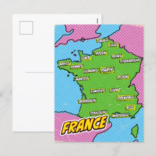Postal Festiva Mapa de Francia ilustrado con arte pop