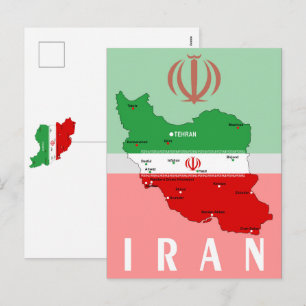 Postal Festiva Mapa de Irán con bandera y emblema