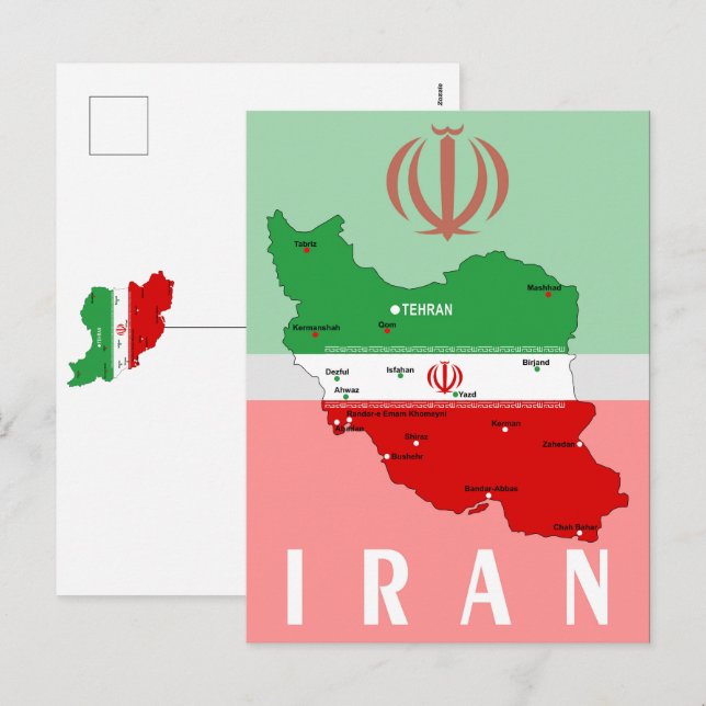 Postal Festiva Mapa de Irán con bandera y emblema (Anverso / Reverso)