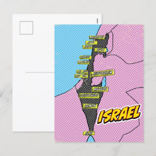 Postal Festiva Mapa de Israel ilustrado al estilo Pop Art