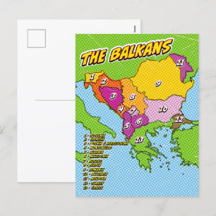 Postal Festiva Mapa de los Balcanes ilustrado con arte pop