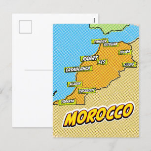 Postal Festiva Mapa de Marruecos ilustrado con Pop Art