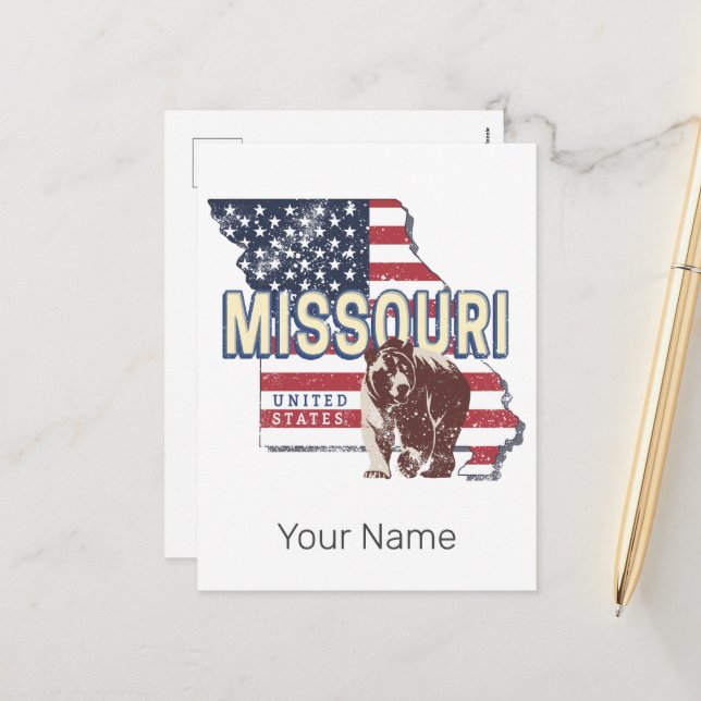 Postal Festiva Mapa de retro estadounidense del estado de Misuri (Anverso/Reverso In Situ)