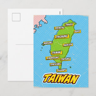 Postal Festiva Mapa de Taiwán ilustrado con arte pop