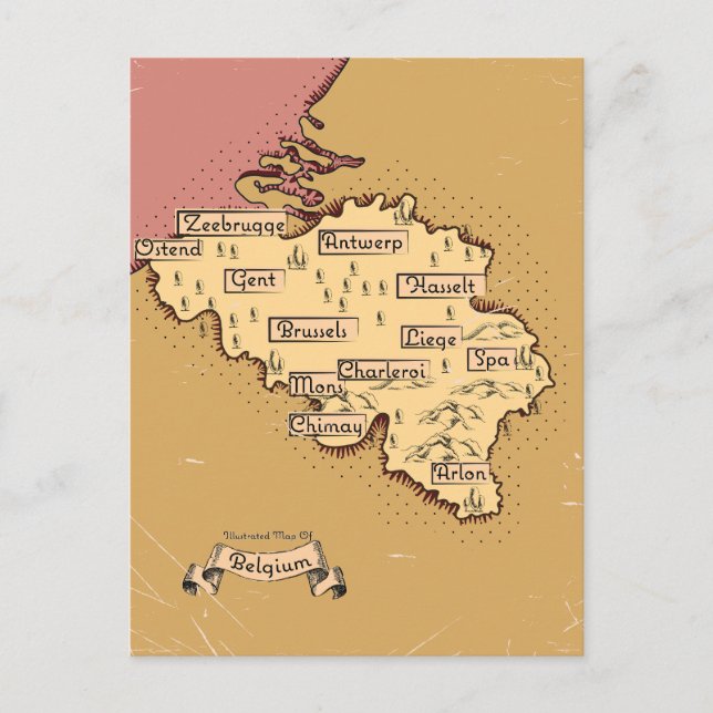 Postal Festiva Mapa de viajes de Bélgica Vintage (Anverso)