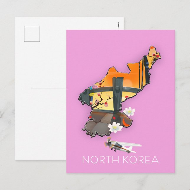 Postal Festiva Mapa de viajes de Corea del Norte (Anverso / Reverso)
