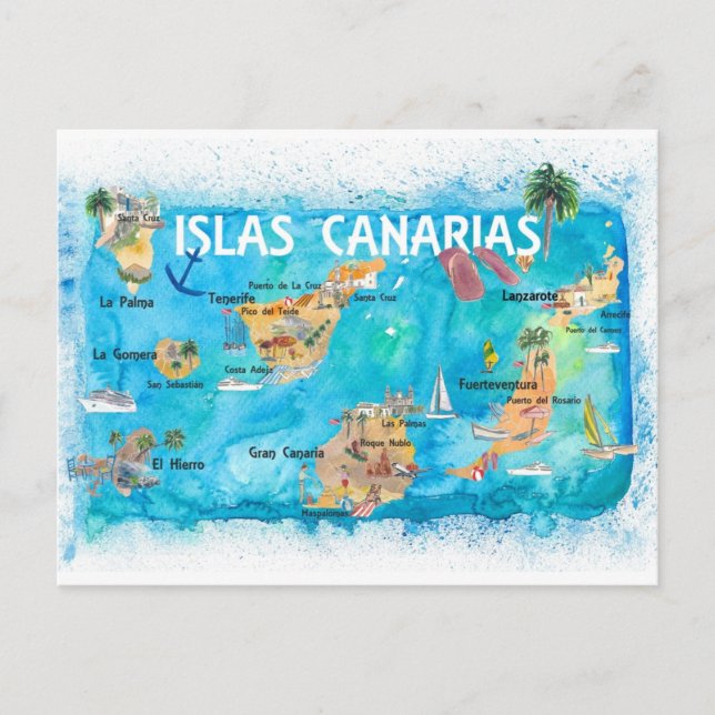 Postal Festiva Mapa de viajes ilustrado de Canarias (Anverso)