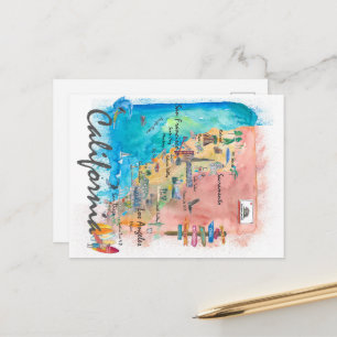 Postal Festiva Mapa de viajes retro de California