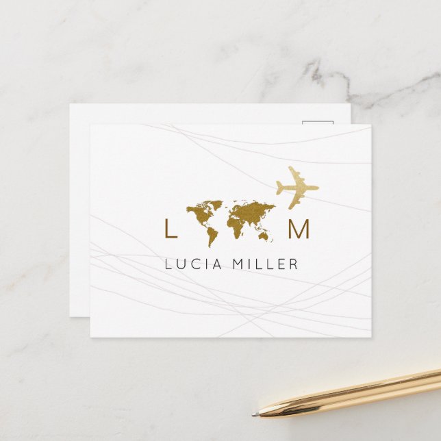 Postal Festiva Mapa del mundo del avión de viajes Blanco (Anverso/Reverso In Situ)
