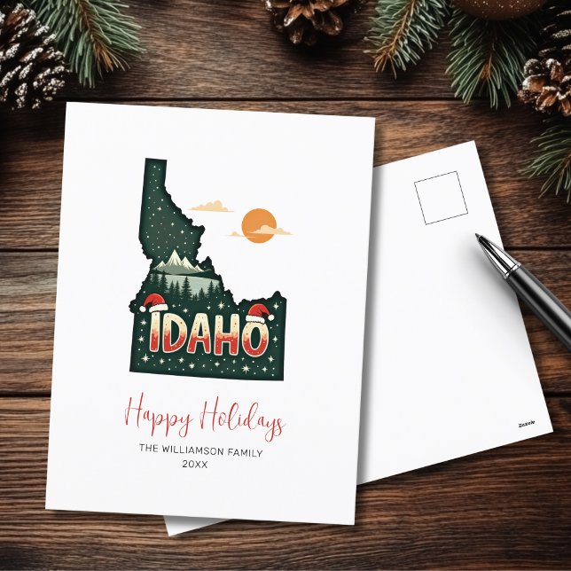 Postal Festiva Mapa estatal de Navidades de Idaho Felices Fiestas (Personalize with family name and year.)