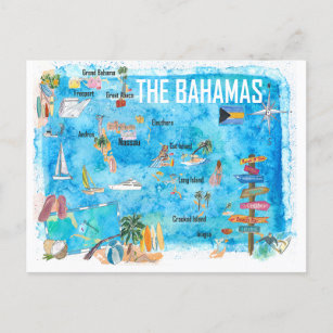 Postal Festiva Mapa ilustrado de Bahamas con las principales carr