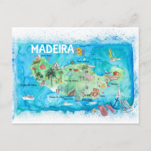 Postal Festiva Mapa ilustrado de la isla de Madeira Portugal