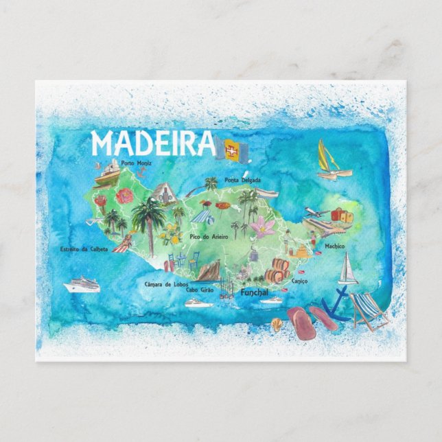Postal Festiva Mapa ilustrado de la isla de Madeira Portugal (Anverso)