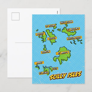 Postal Festiva Mapa ilustrado de Pop Art de las Islas Scilly