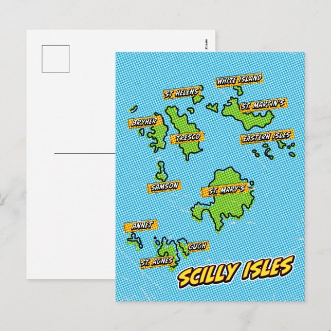 Postal Festiva Mapa ilustrado de Pop Art de las Islas Scilly (Anverso / Reverso)