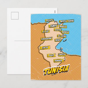 Postal Festiva Mapa ilustrado de Túnez con estilo Pop Art