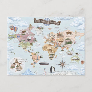 Postal Festiva Mapa Mundial Ilustrado Antiguo
