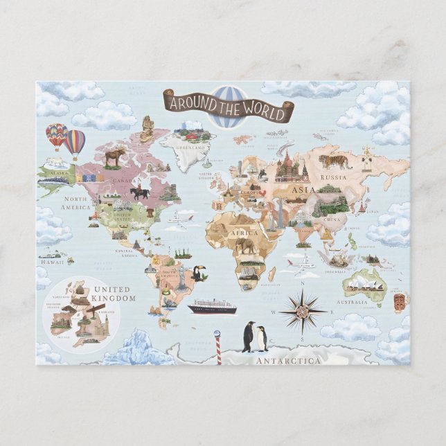 Postal Festiva Mapa Mundial Ilustrado Antiguo (Anverso)