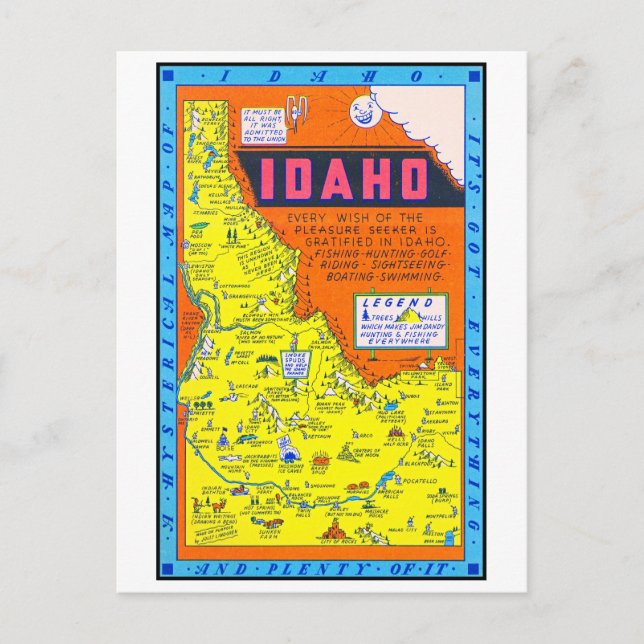 Postal Festiva Mapa retro histérico de Idaho 1949 (Anverso)