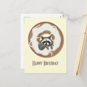 Postal Festiva Mapache Lindo Donut Dulce Feliz Cumpleaños Vainill