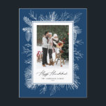 Postal Festiva Marco botánico azul Feliz foto de Hanukkah<br><div class="desc">¡Feliz Hanukkah! Envíe saludos de vacaciones con esta postal de Hanukkah con temática vintage. Cuenta con pineconas de línea vintage, agujas de pino y estores con un fondo azul. Personalice agregando su foto, nombre, año y mensaje. Esta tarjeta postal de la época de Hanukkah está disponible en otros colores. Los...</div>