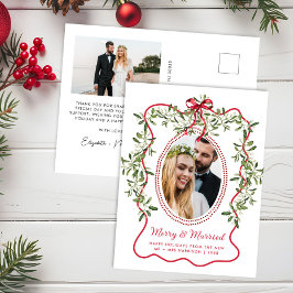 Postal Festiva Marco de recién casados navideños con foto ondulad