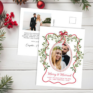 Postal Festiva Marco de recién casados navideños con foto ondulad